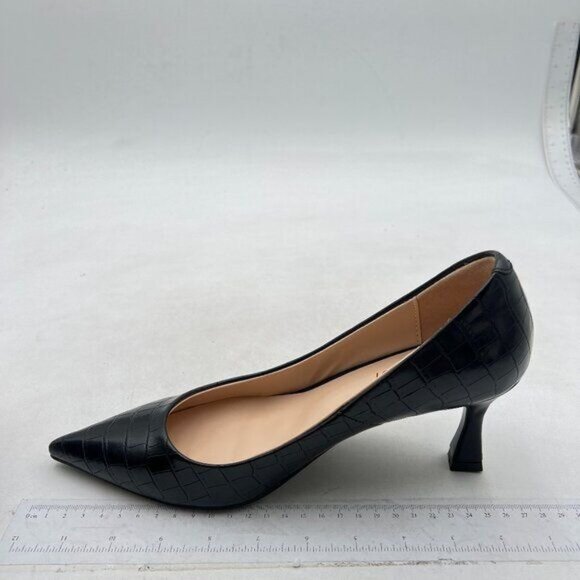 FOWT Simple Solid Croc-Embossed Pointed Toe Black Pumps for Women Black Shoes - Picture 2 of 8